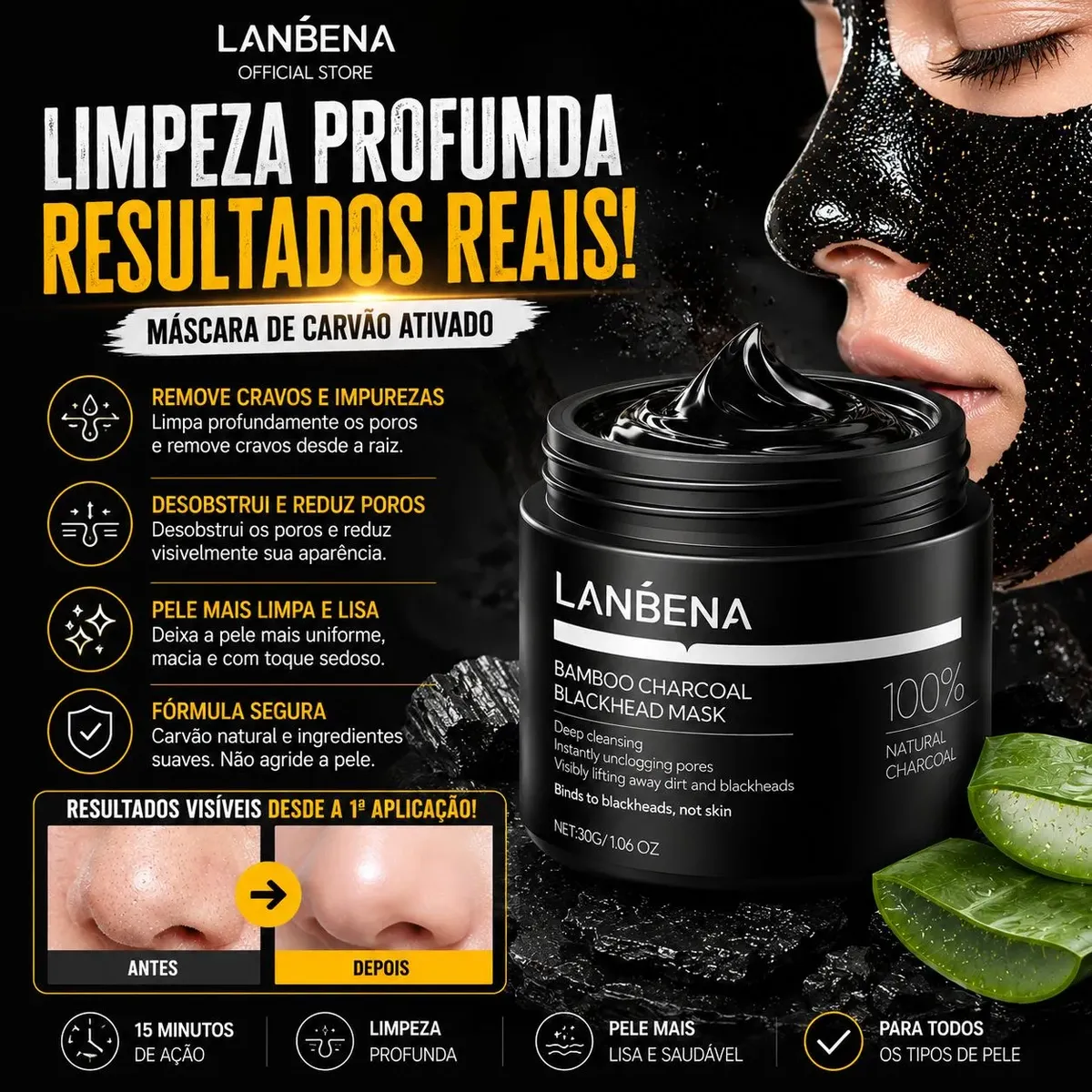 Limpeza profunda com a máscara de carvão LANBENA